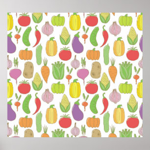 Poster Legumes desenhados à mão, fundo de rabisco vintage