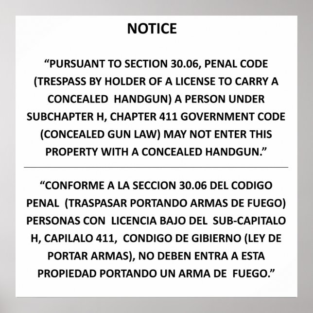 Pôster Lei de Arma do Texas - Branco Básico - Carregar oc (Frente)