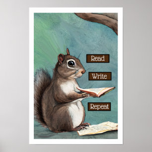 Poster Leia, Escreva, Repita Esquilo Lendo um Livro