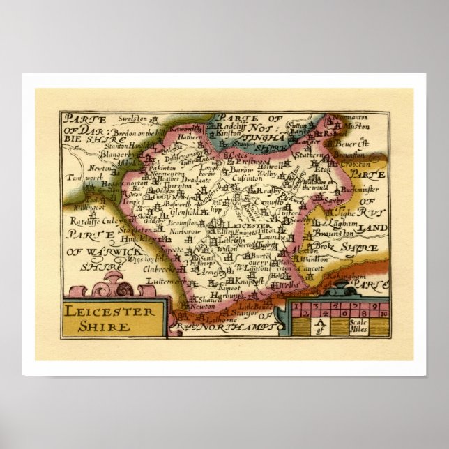 Poster Leicestershire County England Antigo Mapa Antiquár (Frente)