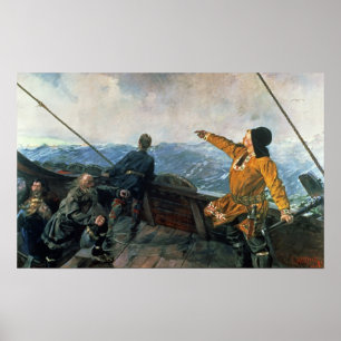 Pôster Leif Eriksson observa a terra em América, 1893