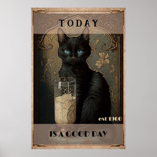 Poster Leite de bebendo de gato preto engraçado