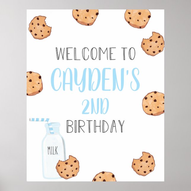 Poster Leite e Biscoitos Azul Aniversário Bem-vindo (Frente)