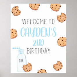 Poster Leite e Cookies Azul Aniversário Bem-vindo