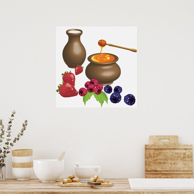 Poster Leite e Mel com Frutas Silvestres Comida Rústica (Criador carregado)