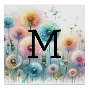 Pôster Leitões azuis cor-de-água floral monogramas cor-de