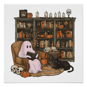 Pôster Leitura Fantasma Livro Amante de Gatos Halloween