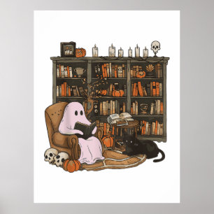 Poster Leitura Fantasma Livro Amante de Gatos Halloween 