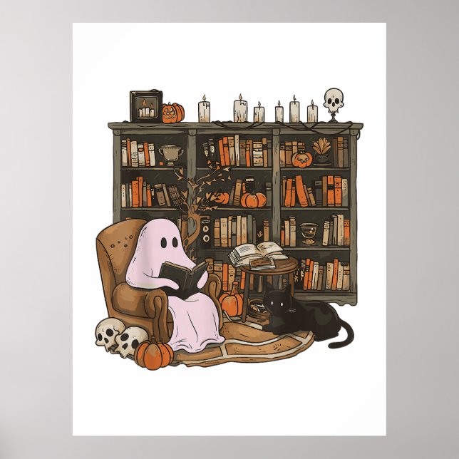 Poster Leitura Fantasma Livro Amante de Gatos Halloween  (Frente)