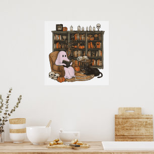 Poster Leitura Fantasma Livro Amante de Gatos Halloween