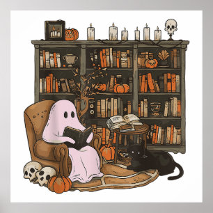 Poster Leitura Fantasma Livro Amante de Gatos Halloween