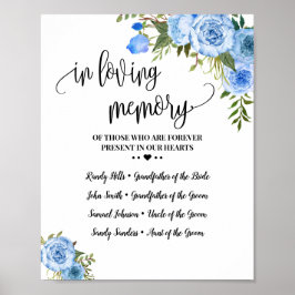 Poster Lembrança em Memória de Amor Casamento Floral Azul