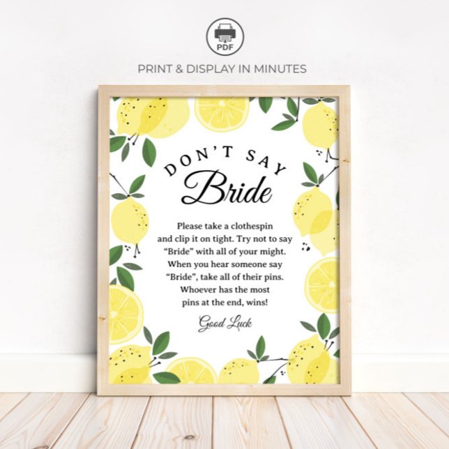 Poster Lemon "Don't Say Bride" Bridal Shower Game sign (Criador carregado)
