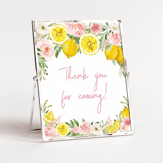 Poster Lemon Floral Rosa Obrigado por vir (Summer Lemon Citrus Baby Shower Thank You for Coming Sign)