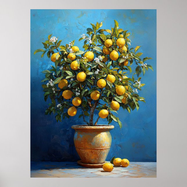 Poster Lemon Tree in Clay Pot with Blossoms (Frente)