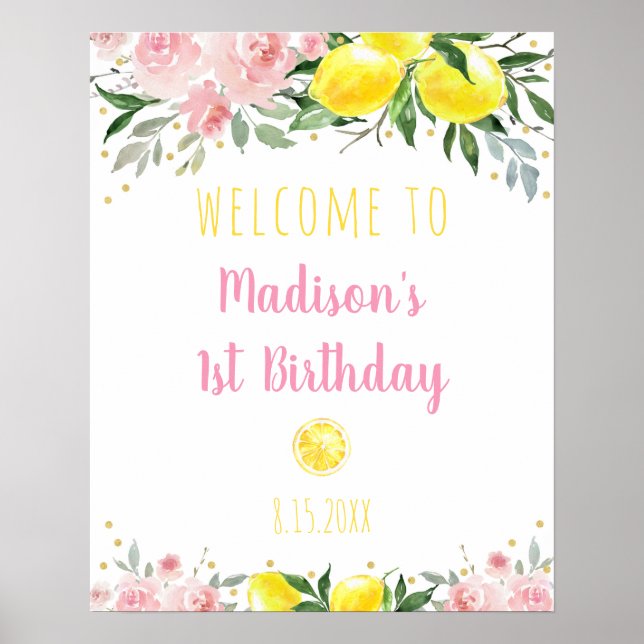 Poster Lemonade Pink Floral Birday Bem-vindo (Frente)