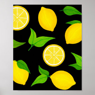 Poster Lemons amarelos de verão com folhas verdes em pret
