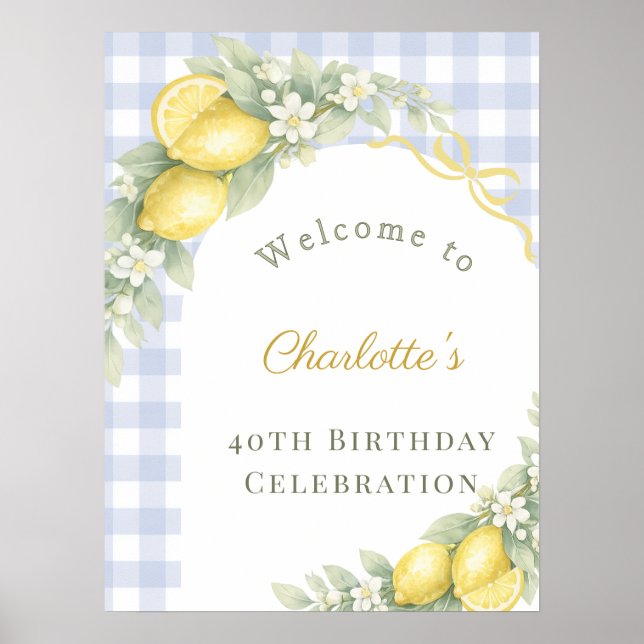 Poster Lemons blue gingham bow garden birthday welcome (Frente)