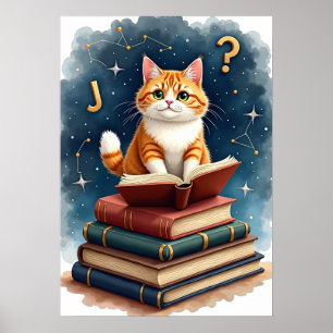 Poster Lendo Gato no Espaço Livro Minhoca Astronauta Gato