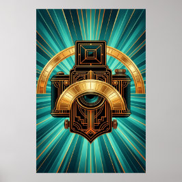 Poster Lente de Câmera Vintage Art Deco Dourado e Turques