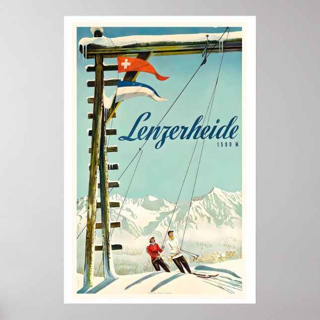 Poster Lenzerheide Suíça Cartaz de Esqui Antigo (Frente)