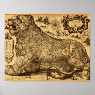 Poster Leo Belgicus dos Países Baixos e da Bélgica