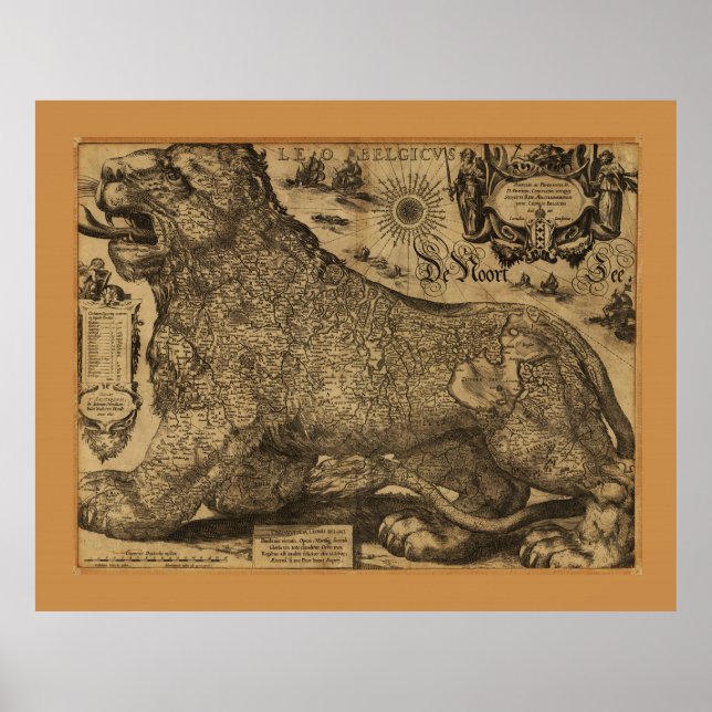 Poster Leo Belgicus, Mapa da União do Benelux (1611) (Frente)