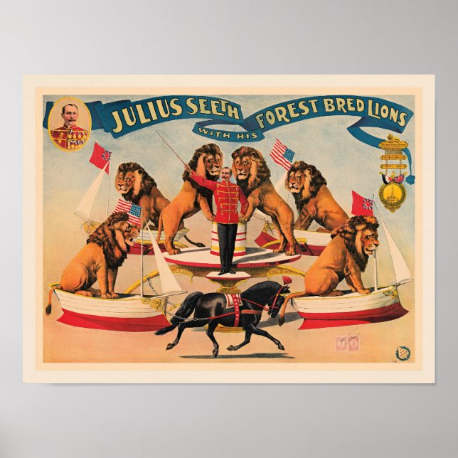 Poster Leões de circo, ilustração vintage, (Frente)