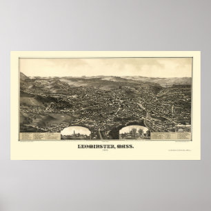 Poster Leominster, mapa panorâmico das MÃES - 1886