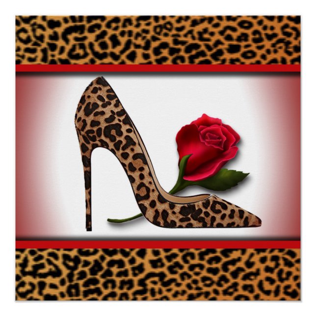 Pôster Leopard Alto Heel e Rosa vermelha (Frente)
