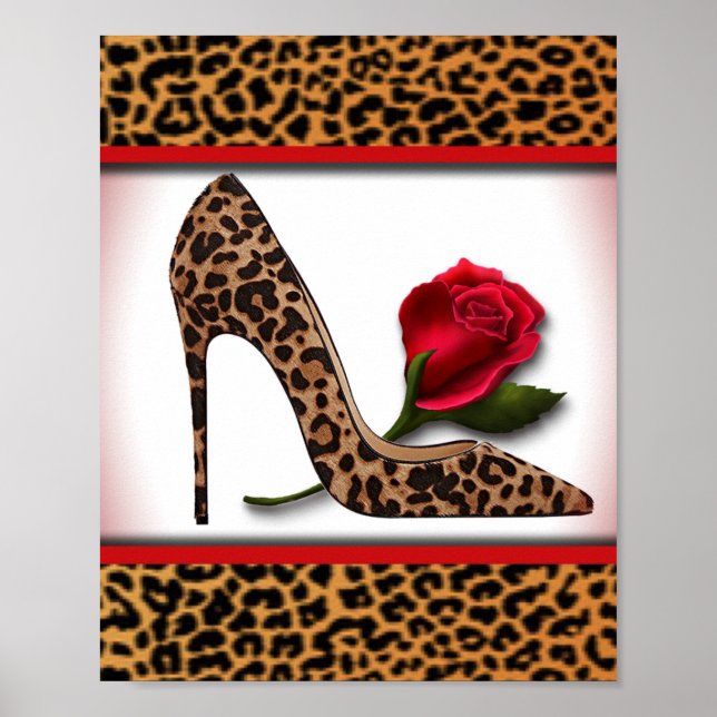 Poster Leopard Alto Heel e Rosa vermelha (Frente)