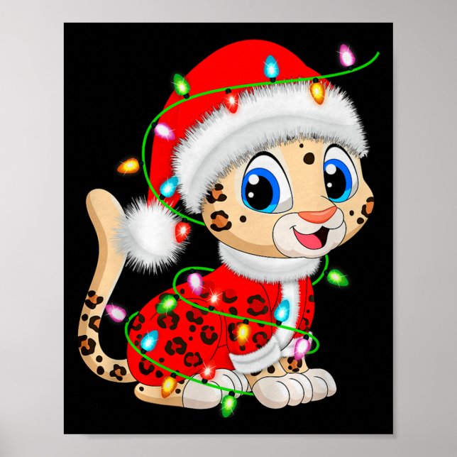 Poster Leopard Christmas Lights Santa Costume Cute Animal (Frente)