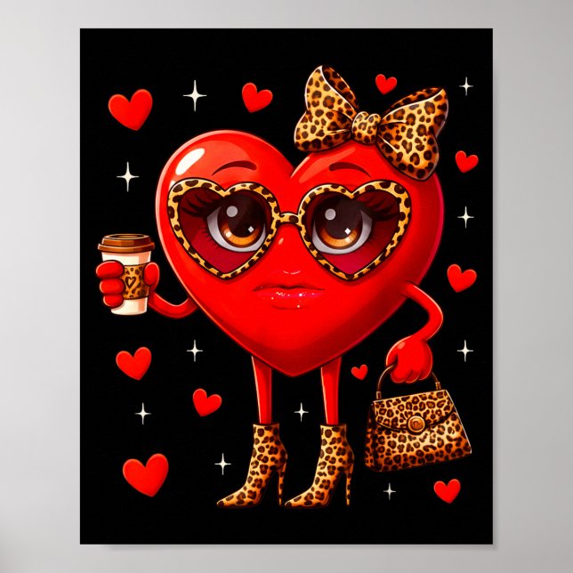 Poster Leopard Heart Drinking Coffee Valentines Day Women (Frente)