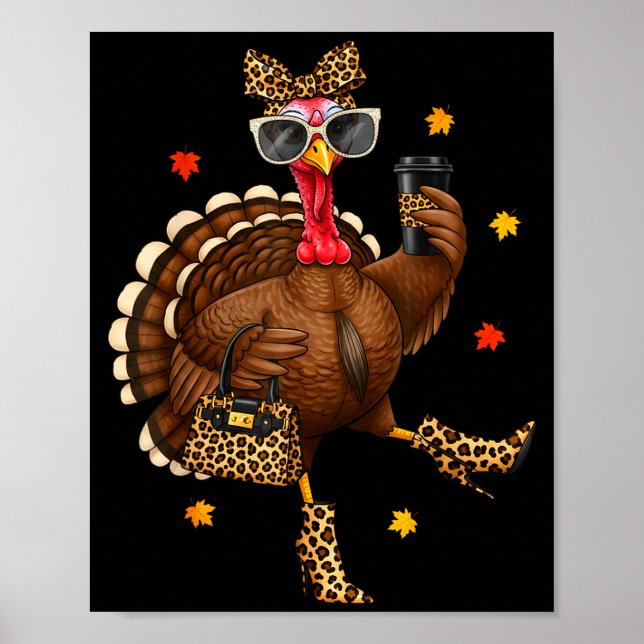 Poster Leopard Turkey Drinking Coffee Thanksgiving Women  (Frente)
