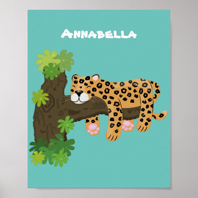 Poster Leopardo bonito dormindo em desenho animado de árv (Frente)