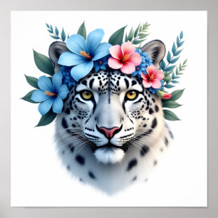 Poster Leopardo da Neve com Coroa Floral Azul e Rosa na P