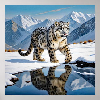 Poster Leopardo-da-neve na paisagem de inverno montanhosa