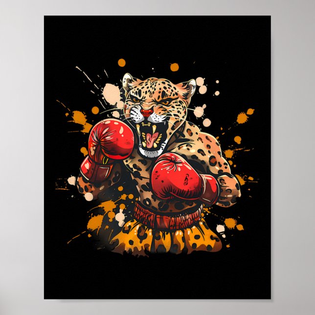 Poster Leopardo de Boxe Com Luvas de Boxe Kickboxing Engr (Frente)