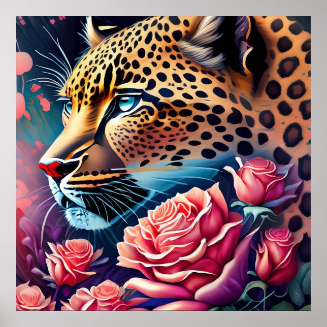 Poster Leopardo-de-Olhos Azuis Gordo com Pintura de Rosas (Frente)