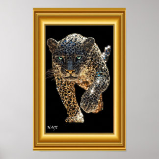 Poster Leopardo Dourado em Movimento – Luxo Preto e Doura
