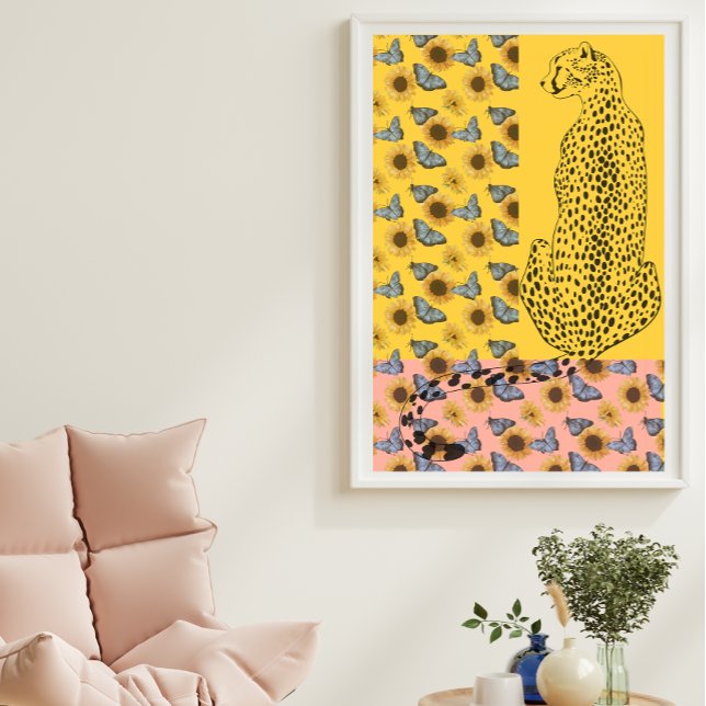 Poster Leopardo Floral Cheetah Amarelo girassol e rosa (Criador carregado)