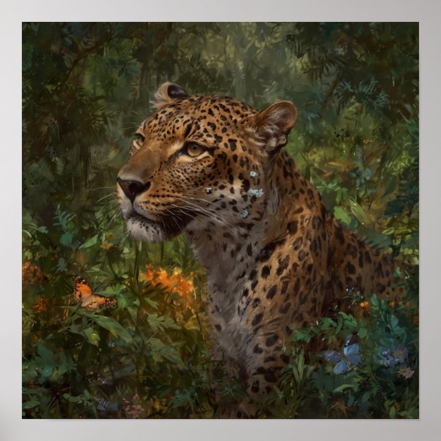 Poster Leopardo pintado com borboletas na natureza (Frente)