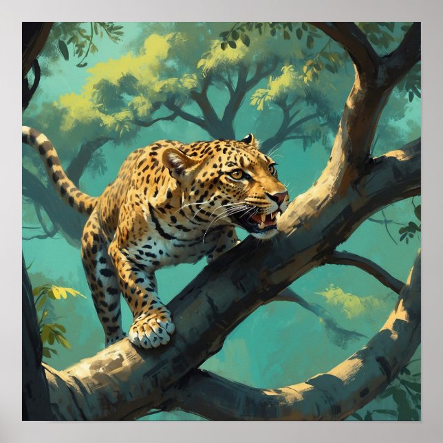 Poster Leopardo único na ramificação das árvores na pintu (Frente)