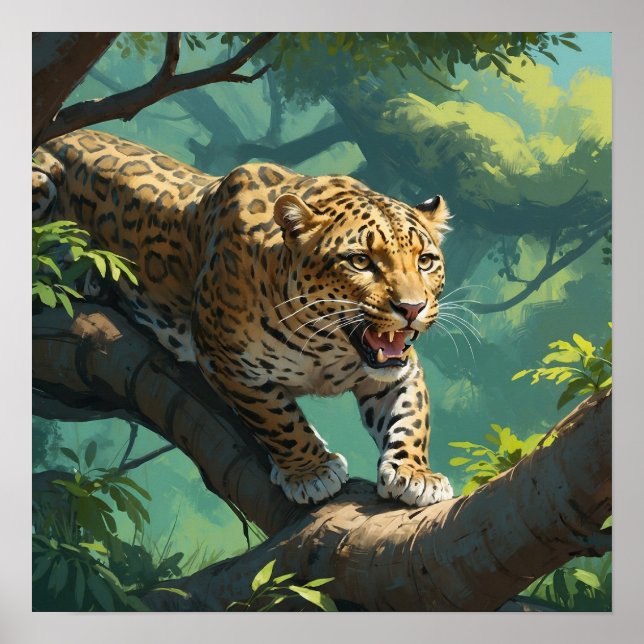 Poster Leopardo vibrante caminhando na pintura de ramific (Frente)