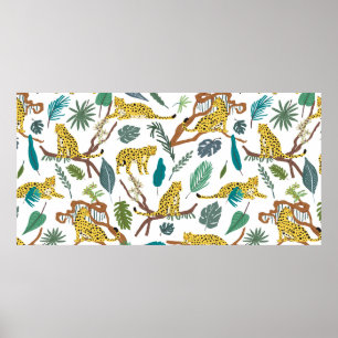 Poster Leopards wild animals in jungle forest hand drawn 