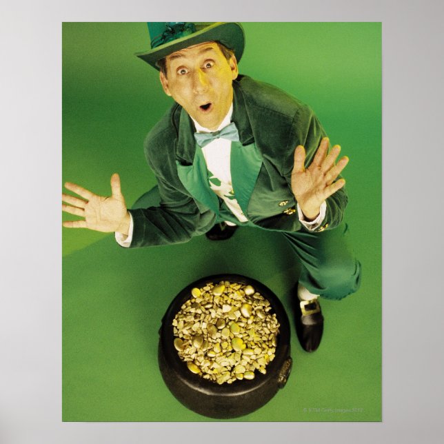 Poster Leprecaia excitada com pote de ouro (Frente)