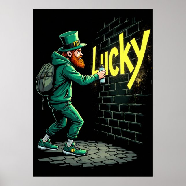 Poster Leprechaun enxertando uma parede com a palavra "Lu (Frente)