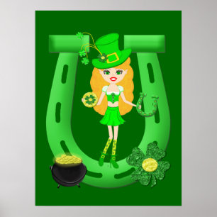 Poster Leprechaun louro da menina do Dia de São Patríci