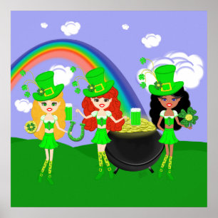 Pôster Leprechauns da menina de dia de Patrick de santo