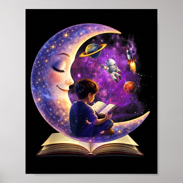 Poster Ler é fora deste mundo lua lendo livro (Frente)
